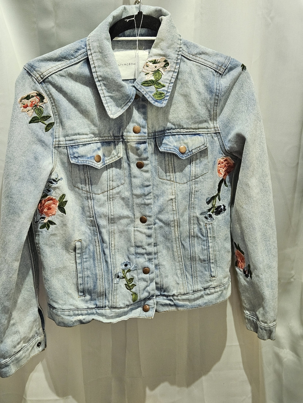 Olivaceous Light Blue Embroidered Floral Denim Jacket Size Small - Picture 3 of 5